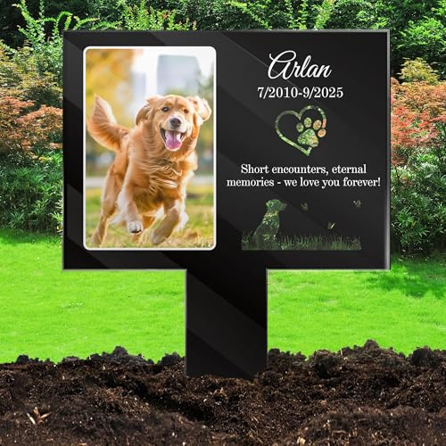 FCLYDER Personalisiert Grabstecker für Haustier, Personalisiertes Tier Grabkreuz mit Foto Gravur, Personalisierte Grabdeko Hund Katze, Wetterfest für Tiergrab Grab