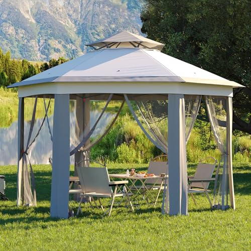 Garvee Tente de tonnelle pop-up de 4 x 4 m, tente hexagonale instantanée avec moustiquaire, auvent d'extérieur, abri solaire à 6 côtés avec filet en maille, tentes de pavillon pour terrasse, gris