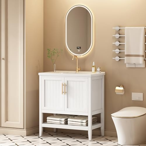 Merax Badmöbel Einzel Waschtisch Modernes Badezimmermöbel mit Unterschrank 80 cm, Weiß, Keramik-Waschbecken, Wasserdicht, rutschfeste Füße, Einfache Montage