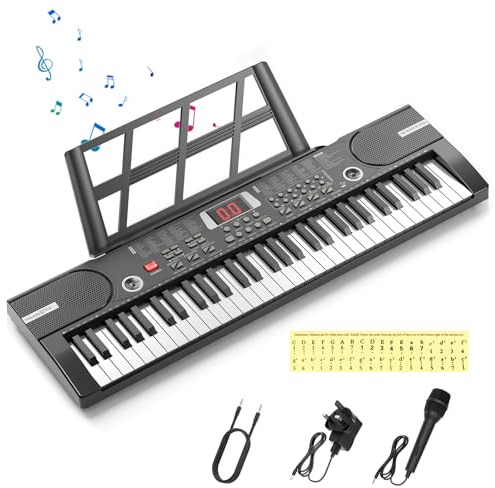 Keyboard Piano 61 Keys, Music Keyboard for Beginners, Equipped with Themed Stickers and Video Tutorials, Kids Piano Keyboard with Detachable Music Stand & Power Adapter & Microphone & Audio Cable