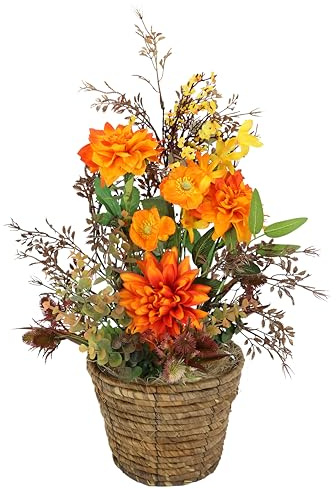 Künstliche Blumen Dahlien im Topf 50cm Arrangement Blumenschmuck Deko Gesteck Halloween Herbst Herbstblumen Herbstdeko Herbstgesteck Kunstblumen Kunstpflanze Seidenblumen Thanksgiving, Orange