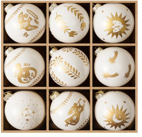DN DECONATION Weihnachtskugeln Set aus 9 elfenbeinfarbenen Christbaumkugeln aus Glas, 8 cm Weihnachtsbaumschmuck mit goldenen Friedenssymbolen für Weihnachtsbaum Deko und Festliche Weihnachtsdeko