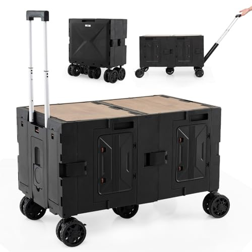 COSTWAY Grand Chariot de Plage Pliable avec 5 Roues Pivotantes (Noir) | Chariot Portable avec Caisses de Rangement à 2 Niveaux Poignée Télescopique en Métal, pour Courses Camping Déménagement