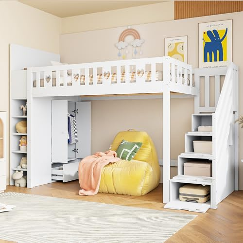 Etagenbett 90x200 Kinderbett Hochbett mit Kleiderschrank&klappbarer Stauschrank&Schubladen&Regal&Stauraumtreppe,Funktionsbett Stockbett Kinderhochbett Jugendhochbett mit Lattenrost,Ohne Matratze,Weiß