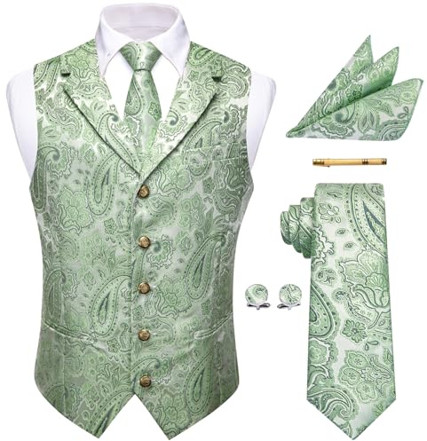 YourTies Gilet pour homme en soie jacquard à motifs floraux et cachemire avec cravate, pochette de costume, boutons de manchette et pince à cravate Idéal pour mariage, vert sauge, XL