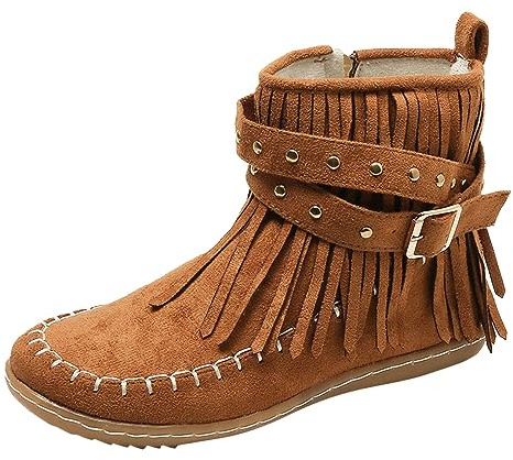 Bottines pour femme - Style décontracté - Couleur unie - Avec franges - Confortables - Plates - Cylindriques - Rondes - Grandes tailles - Bottes western, marron, 38 EU