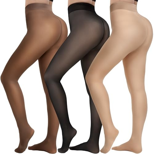 HONGTEYA 3 Pairs Fleece Lined Tights Women - Warm Sheer Pantyhose Fake Translucent Tights Winter Thermal Leggings (US, Alpha, Medium, Regular, Regular, Translucent Black+coffee+nude)