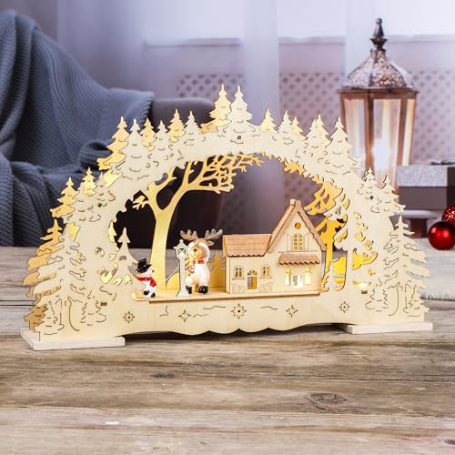 mucHome LED Schwibbogen Lichterbogen aus Holz - 40 cm Holz Weihnachtsszene mit 20 warmweiße LEDs aus Ahornholz batteriebetrieben Weihnachtsdeko Weihnachten Winter Fensterdeko Tischdeko beleuchtet