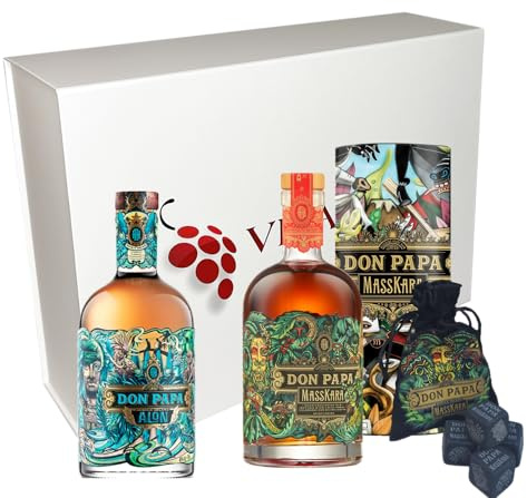 VINADDICT Coffret Cadeau Rhums Don Papa, Alon 70 cl et Masskara 70 cl avec Pierres à Whisky.
