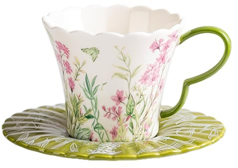 OHAANYY Taza de café de porcelana con platillo, taza de cerámica de 260 ml para capuchino, latte, té, elegante diseño de flores y mariposas, 1 taza + 1 platillo (verde)