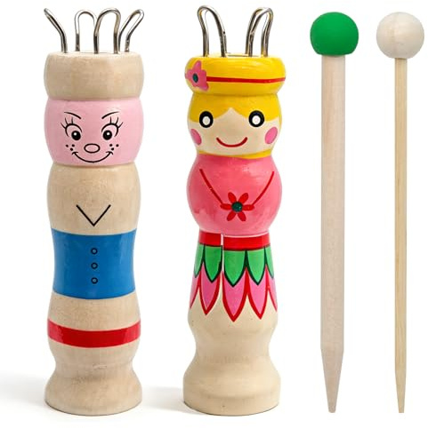 exatta 2 Stück Strickliesel, Strickpüppchen Aus Holz Mit 4 Häkelnadel | DIY Strickwerkzeug Für Anfänger Und Fortgeschrittene