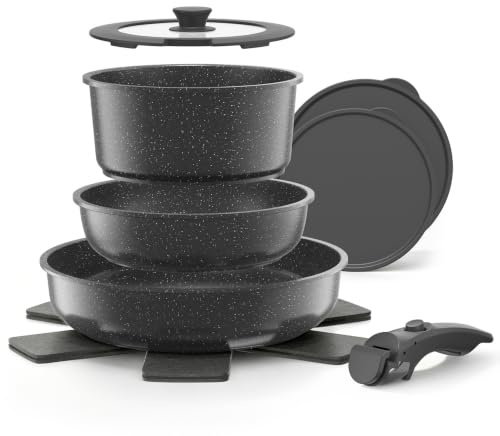 YASHE Pentole induzione 9 pezzi, atossiche, senza PTFE e PFAS | Set impilabile con manico rimovibile, due padelle e casseruola; adatto al forno e a tutti i piani cottura