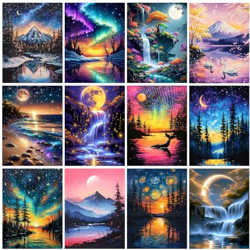 tigdtiu 12 Pack Moon Diamond Art Kits for Adults, Landscape Diamond Painting Kits for Beginner, 5D DIY Round Drill Gem Art Paint with Diamonds Dots Crafts Set for Home Decor Gift 12x16in