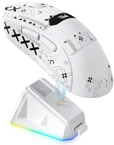 A.JAZZ x Magic-Refiner R1 Ratón Gaming con Base de Carga magnética, Sensor PixArt PAW3311, BT/2,4G Inalámbrico/Cableado con Pantalla, ratón 25000 dpi para Oficina y Jugadores,Blanco
