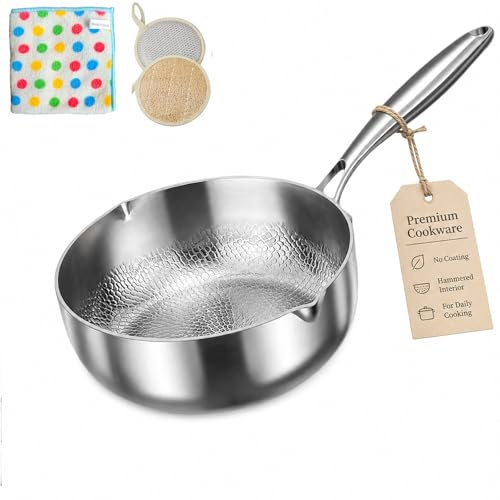 Sarten de Titanio, Sarten Titanio Puro Antiadherente, 18/20/22cm Padella Titanios sin Revestimiento Martellato, Sartenes de Titanios con Beccuccio per Induzione, Gas e Vitroceramica (Sin tapa, 18cm)