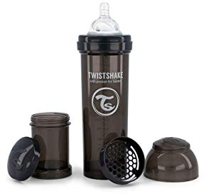 Twistshake Antikolik-ventil Nappflaska 330 ML, Babyflaska med Snabbt Flöde Silikon Flasknappar för 4+ Månader Barn, Mjölkpulverdispenser, Svart