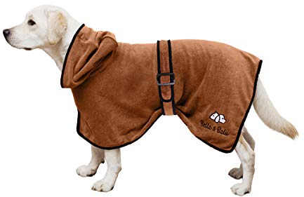 Bella & Balu Hundebademantel aus Mikrofaser, Pfotentuch - Saugfähiger Hunde Bademantel zum Trocknen nach dem Baden, Schwimmen oder Spaziergang im Regen - M - Braun