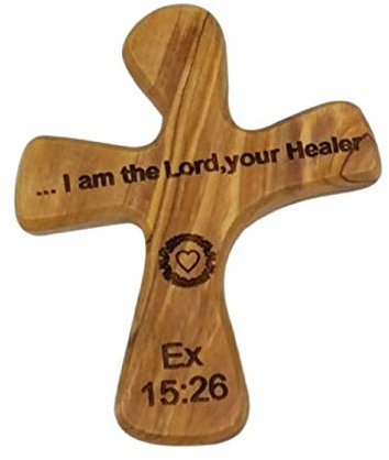 Olive Wood Prayer Cross: Hand Held Cross Made to Perfectly Fit in Your Hand by Bethlehem Gifts TM (Lord, Your Healer)