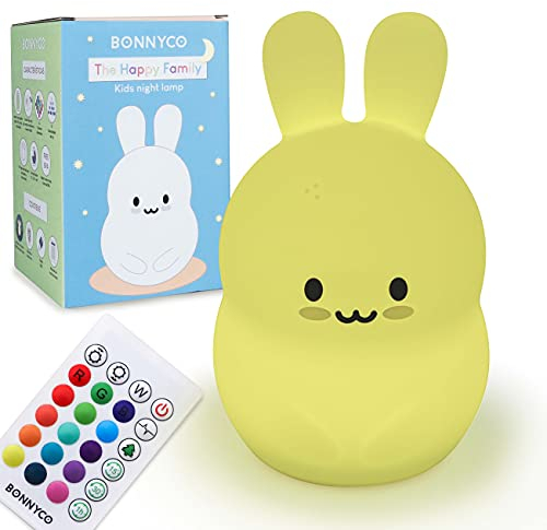 BONNYCO Luz Nocturna Infantil Conejito con Control Remoto y Táctil 16 Colores. Luz Bebe Nocturna con Temporizador, Lampara Quitamiedos Infantil de Silicona Libre de BPA. Regalos para Niñas y Niños