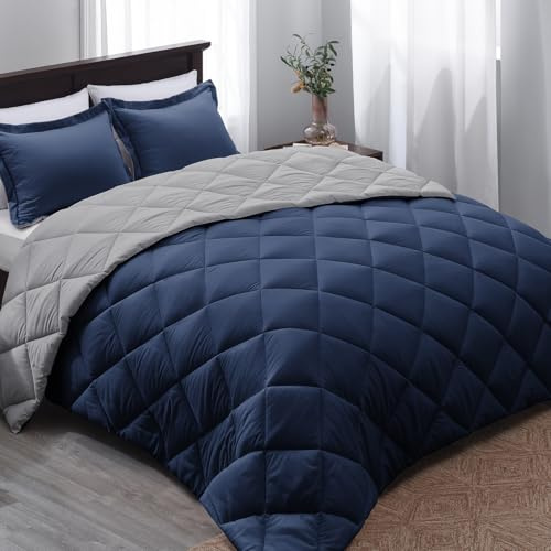 Basic Beyond Queen Comforter Set - Navy Blue Comforter Set Queen Size, Reversible Bed Comforter Queen Set for All Seasons, Navy/Grey, 1 Comforter (88x92) and 2 Pillow Shams (20x26+2)