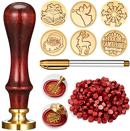 208 Stück Weihnachten Siegelwachs Stempel Kit, einschließlich 6 Stück Wachsstempel Messingköpfe mit Holzgriff, 200 Stück Siegelwach Perlen und Goldmarkierungsstift für Einladungen