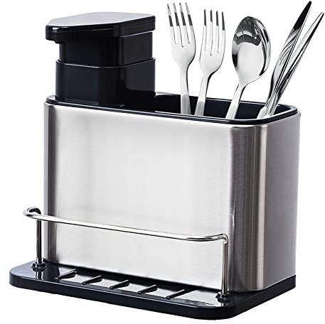 Soap Dispenser with Sponge and Brush Holder, Kitchen Countertop Sink Caddy Organizer with Plastic Pump and Stainless Steel Sponge Holder for Sink Storage and Organization