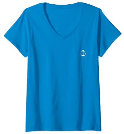 Damen Weißer Anker, königsblauer Hintergrund, kleine geometrische Form T-Shirt mit V-Ausschnitt