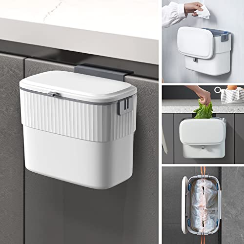 ELPHECO Hanging Small Waste Bin with Lid for Kitchen Cabinet Door, Kitchen Compost Bin for Under Sink, Plastic Wall-Mounted Waste Bin (1.8 Gallon)