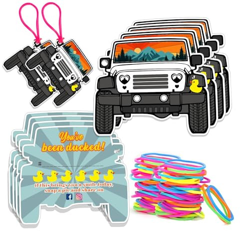 You've Been Ducked Card, Duck Tags, DCUK Duck Tags, Duck Ducking Game Card, 50 Pack, 3.5 x 2.5 inches, Duck Tag with Hole and Rubber Bands, SUV Car Design (White-7FDK1004)