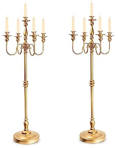 Gold Candelabra for Wedding Event Decor, 50'' Tall Floor Candle Holders, 2 Pcs Metal 5 Arm Centerpiece Decorations for 5 Candlesticks Party Wedding Aisle Home Decor