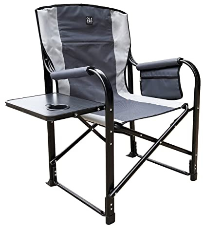 OLPRO Silla de director de lujo, color gris, silla plegable resistente para camping o jardín con mesa, soporte para bebidas y bolsa organizadora, asiento portátil al aire libre, soporta 120 kg