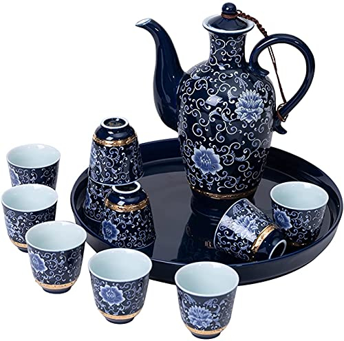 UZOURI Ceramic Wine Set, Chinese Style Antique Household Set, Wine Jug X1, Wine Glass X10, Tray X1