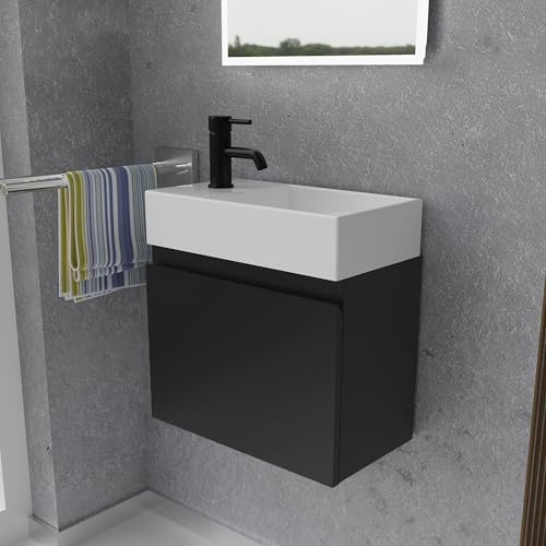 Alpenberger Gäste WC Waschbecken mit Unterschrank 45 cm Breit | Waschtisch Set Klein | Aufsatzwaschbecken Waschtischunterschrank Hängend | Möbel | Waschbeckenunterschrank Schwarz