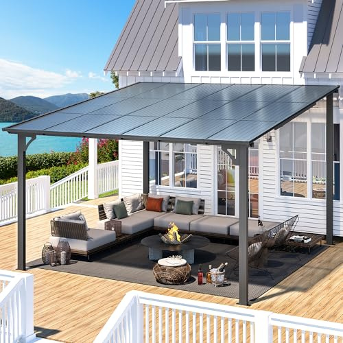 AECOJOY 12' x 12' Gazebo Outdoor Pergola for Patio, Large Wall-Mounted Hard Top Lean to Metal Gazebo Shelter Pergolas and Gazebos Clearance with Patio Roof, Heavy Duty Awnings for Backyard, Decks