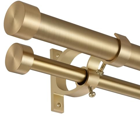 Lwiiom Double Blackout Curtain Rods 36 to 72 Inches (3-6 Feet),1-Inches Front and 5/8 Inches Back Adjustable End Cap Double Window Drapery Rod for Drapes and Curtains,Warm Gold
