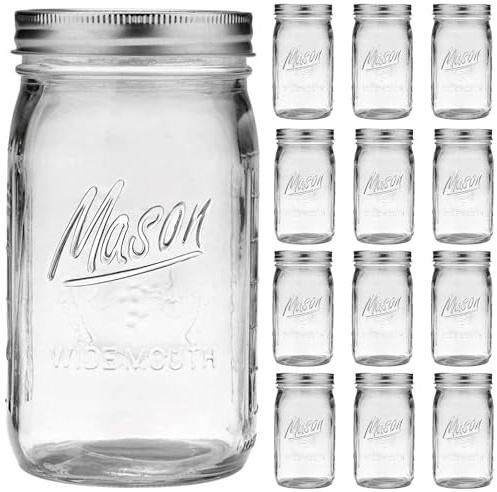 Esrentle Wide Mouth Mason Jars 32 oz - 12 Pack Large Glass Mason Jars with Airtight Lids and Bands, 1 Quart Glass Jars for Pickling, Canning, Fermenting and Food Storage, Microwave & Dishwasher Safe