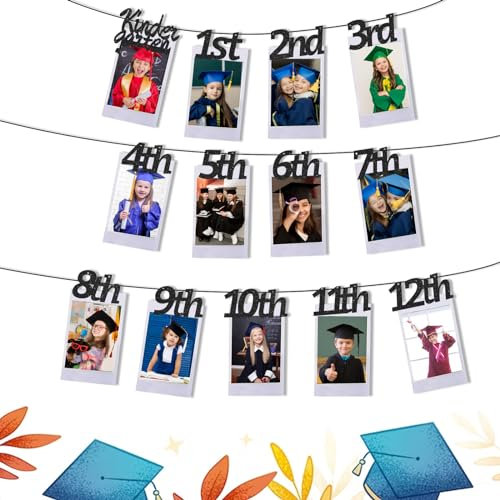 Threetols Foto-Banner der Klasse 2024, K-12 Grad Bild-Girlande, schwarzer Glitzer-Grad, Foto-Requisiten, Dekorationen, Partyzubehör für High School 5. 8. Grad Abschlussfeier Partyzubehör