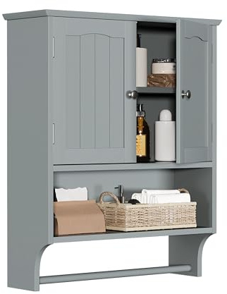 Smuxee Grau Badezimmerkabinett Wandmontage mit Handtuchstange, Medizinschrank mit 2 Türen & 5 verstellbaren Regalhöhen, Über-Toiletten-Schrank für Badezimmer, Waschküche & Küche
