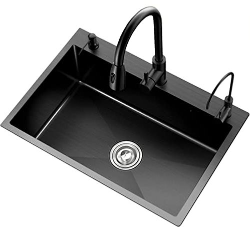 Lavello da Cucina, postazione di Lavoro, Rubinetto Estraibile, Vasca Singola, in Acciaio Inox, Nero, lavabo a Incasso, Profondo lavabo da appoggio con gocciolatoio (Colore: Nero, Dimensioni: