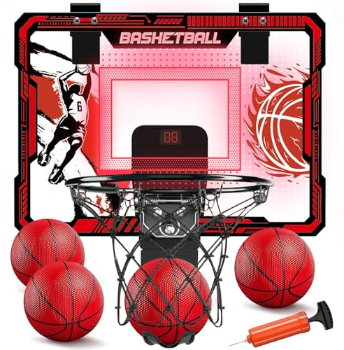 TALGIC Basketball Hoop Indoor, Over The Door Basketball Hoops with LED Lighting, Mini Hoop with Electronic Scoreboard, 4 Balls & Pump, Basketball Gifts for 5 6 7 8 9 10 11 12 Year Old Boys Girls