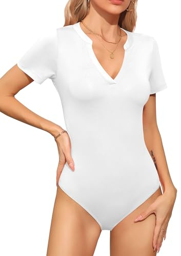 Missufe Damen Sommer Body V-Ausschnitt Kurzarm Figurbetonte Freizeit T-Shirt Bodysuit Tops