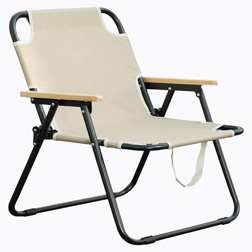 T-ZBDZ Campingstuhl Faltbar Klappstuhl Camping, Faltstuhl Klappbare Campingstühle mit Armlehnen, Tragbarer Camping Stuhl Gartenstuhl Anglerstuhl, für Picknick Angeln Strand Garten - Beige
