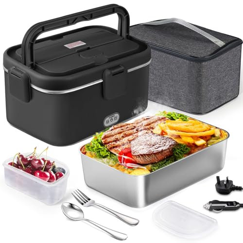 AUTOPkio Electric Lunch Box 1.8L 80W, 12V 24V 220V Upgraded Heated Lunchbox Large Heating Food Warmer with Carry Bag Fork Spoon for Car Truck Office (Black)