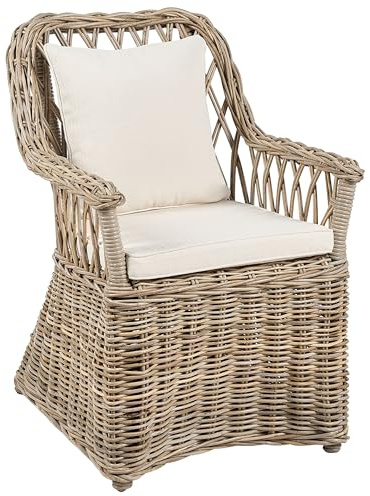 Poltrona da giardino in rattan naturale con cuscini in cotone bianco
