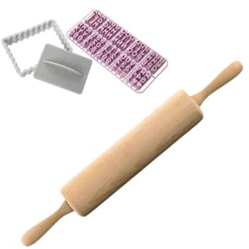 Zenker 9925950 emporte pièce biscuit et tampon lettre, emporte pièce biscuit personnalisé, rouleau patisserie en bois, rouleau à pâtisserie, accessoires cuisine, gris, bois, 8,5 x 6,3 cm | 44,5 x 6 cm