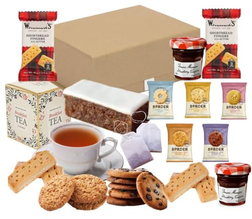 Traditional English Tea Gift Set Afternoon Tea Hamper Contains Bonne Maman Jam, Tea, Biscuit Packs, Shortbread Fingers, Cake in a Box