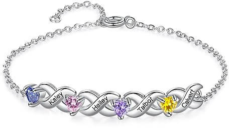 Presentimental Personalisiertes Unendlichkeitsarmband für Damen Armband mit Name Geburtsstein Geschenk für Mutter Tochter Oma Frau Freundin (Silber, 4 name)