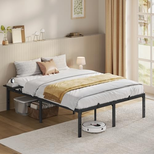 VASAGLE Marco de Cama Matrimonio, Estructura de Cama de Metal, con Estantes de Almacenamiento, Invitados, para Colchón de 135 x 190 cm, Fácil Montaje, Negro Tinta RMB096B01