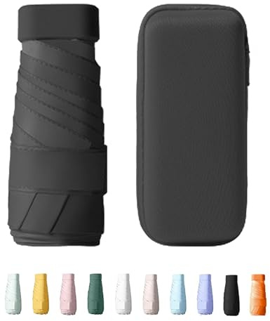 Yanrunce Mini Paraguas Plegable Con Estuche, paraguas de bolsillo, Mini Paraguas de Viaje, Protección UV, Protección Solar, paraguas plegable antiviento de 6 Costillas con organizador (Negro)
