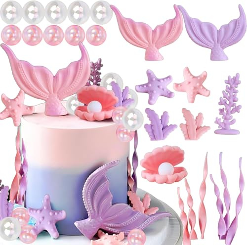 24 Stück Meerjungfrau Kuchen Deko,3D tortenaufleger meerjungfrau mit Muscheln, Seesternen & Perlen, Unterwasserwelt Party, Torte Topper Geburtstag für Meerjungfrau Ozean Themenparty Kuchendeko